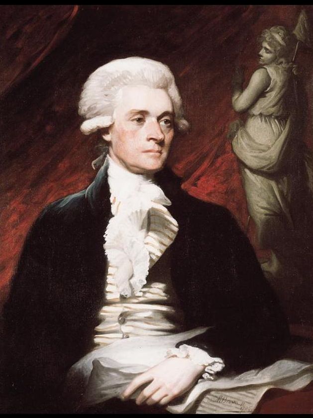Thomas Jefferson in a brown coat and white neckcloth, painted by Mather Brown in 1786